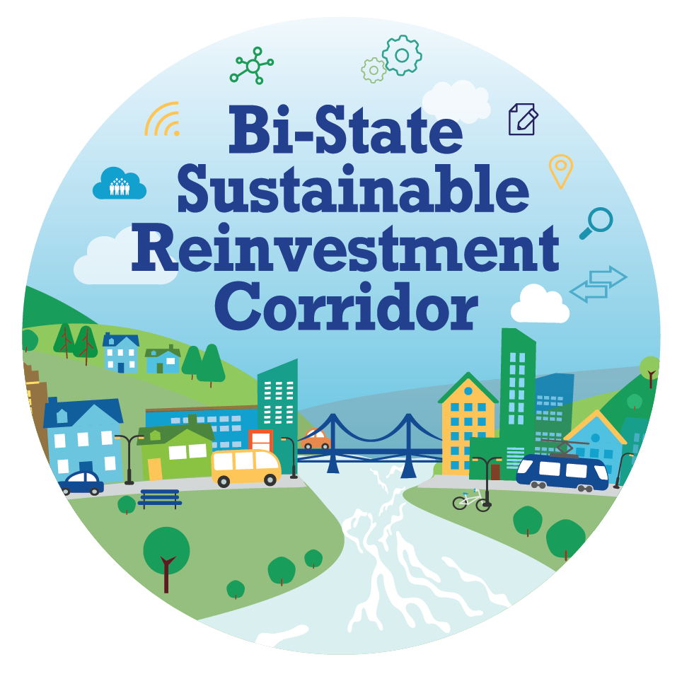 Bi-State Sustainable Reinvestment Corridor logo showing a road with bridge lined with green space.
